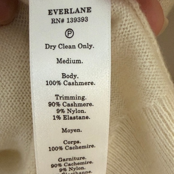 Everlane Cream Women Med Cashmere Crew Long Sleeve Sweater Black Ribbed Accents - Picture 6 of 9